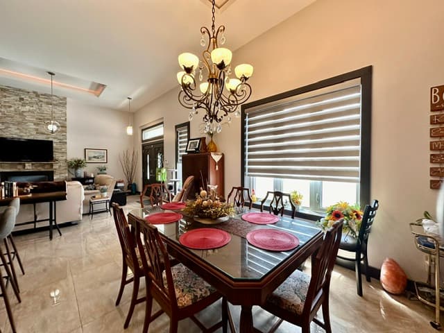 Dining and lounge area with fireplace